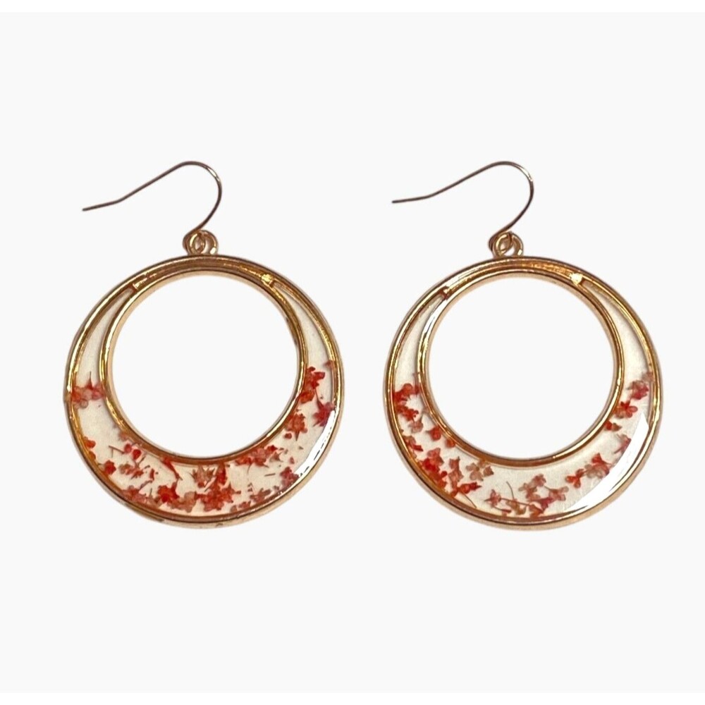 Gold Tone Floral Hoops Earrings Pressed Tiny Red Flowers Feminine Hippie Boho